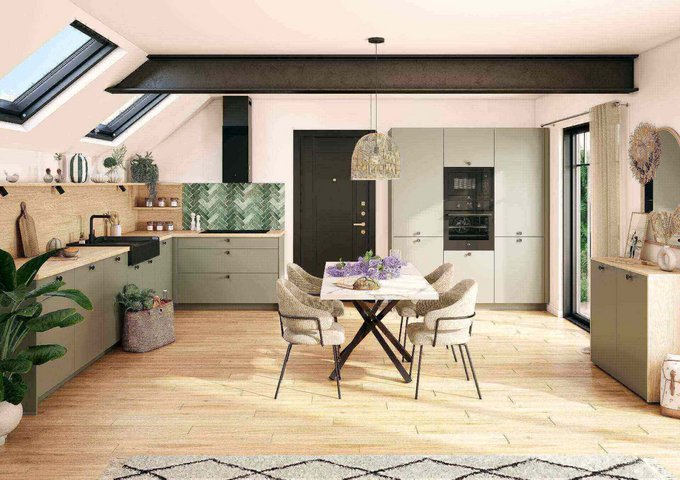 Cocina moderna de estilo nórdico con muebles verdes suaves